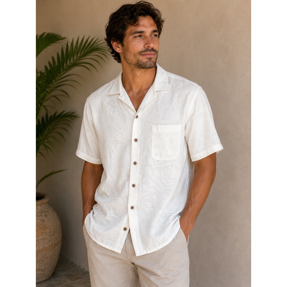 Caribbean Mens XL White Palm Leaf Jacquard Modal Blend Camp Shirt Button Down